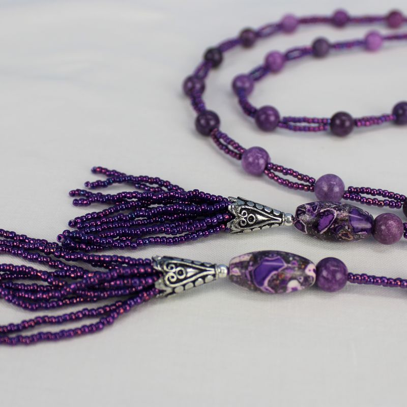 Purple open-ended necklace with quartzite and glass beads, bead tassels, stone focal beads, boho, trendy, long