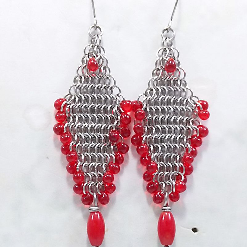 Chainmail European 4-1 weave , Red Coral & Drop Japanese Glass Earrings