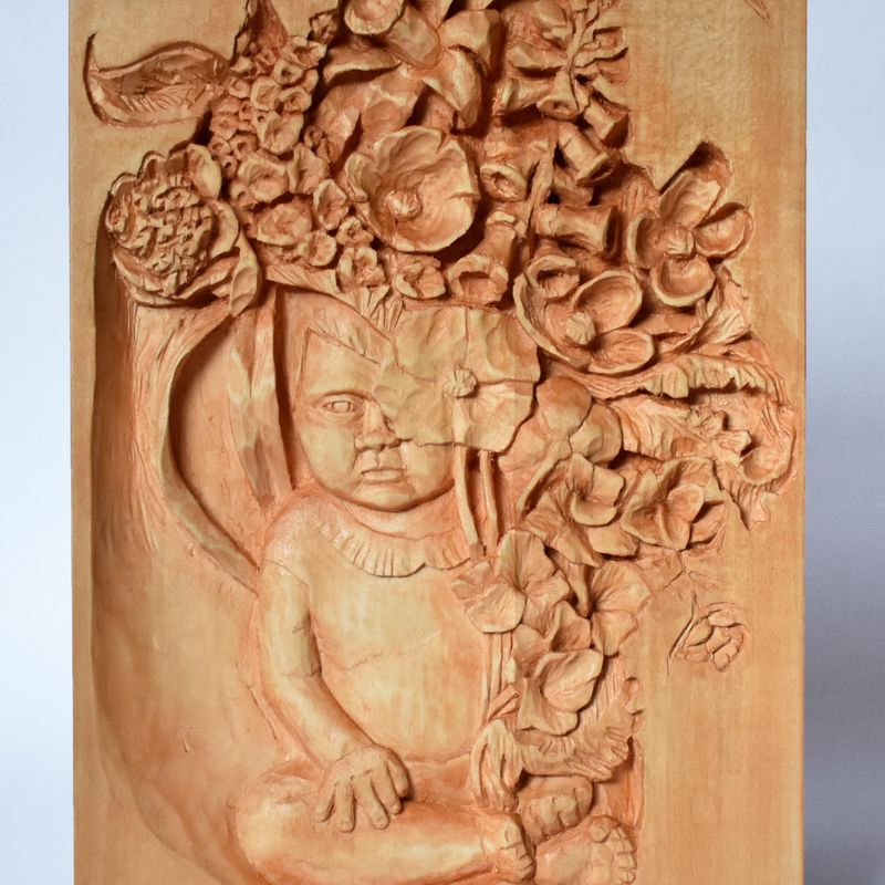 Wild Garden wood relief, handmade carving, basswood sculpture, peach/orange