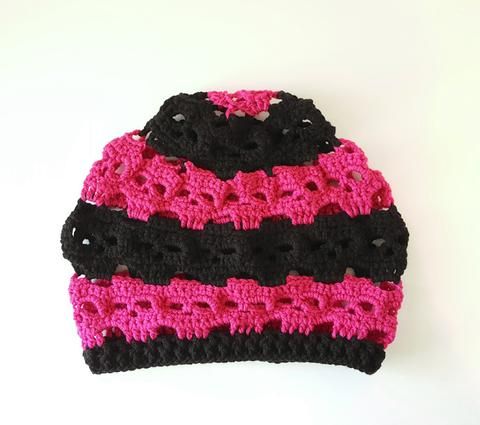 Black and Shocking Pink Skulls Slouch Hat