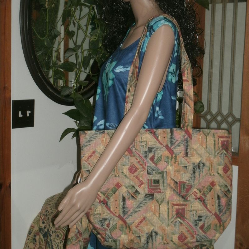 ON SALE Heavy Duty Large Multi Colored Geometric Design Shopping Tote w/Clip On Eye Glass Case