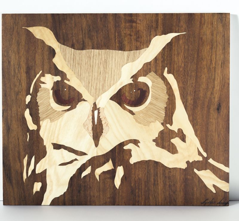 ORIGINAL unique Wooden Owl marquetry of wood art by Andulino