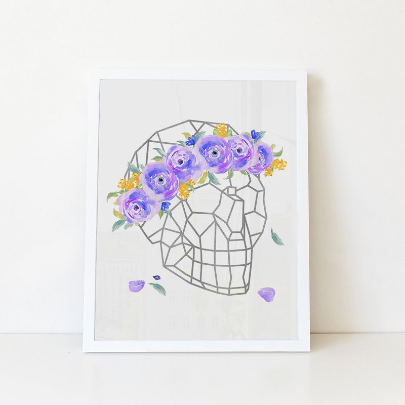 Floral geometric skull wall art print decor.