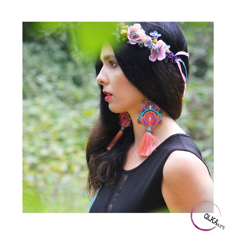 Extra long tassels earrings | Oversized pink purple violet | Multicolored boho festival | Soutache