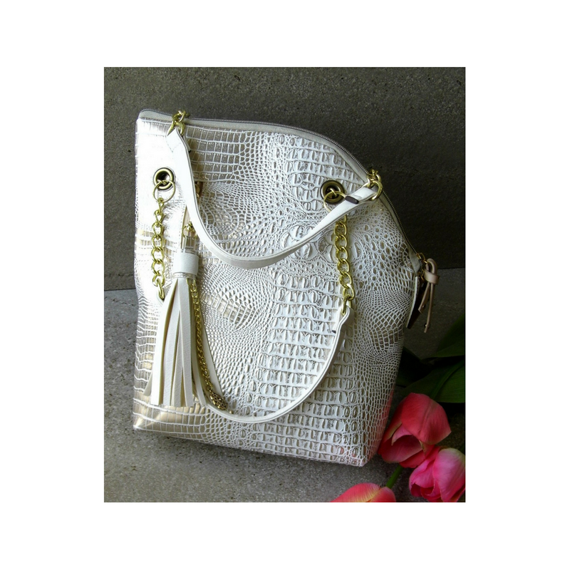 SOLD-Off white handbag, Large vegan leather bag, Oversized purse with handles, Faux crocodile bag, White bag gold chain, Unique design handbag