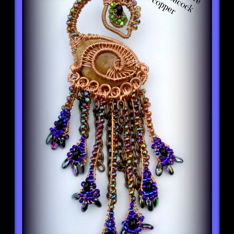 SOLD: Wire Wrap Weave Beaded Peacock in Copper...Brooch
