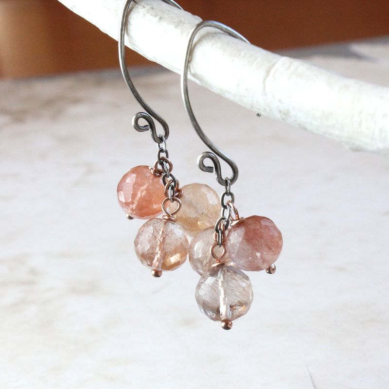 Rutilated  Quartz Earrings Mixed Metal Jewelry Oxidized Silver Cluster Earrings Gemstone Jewelry