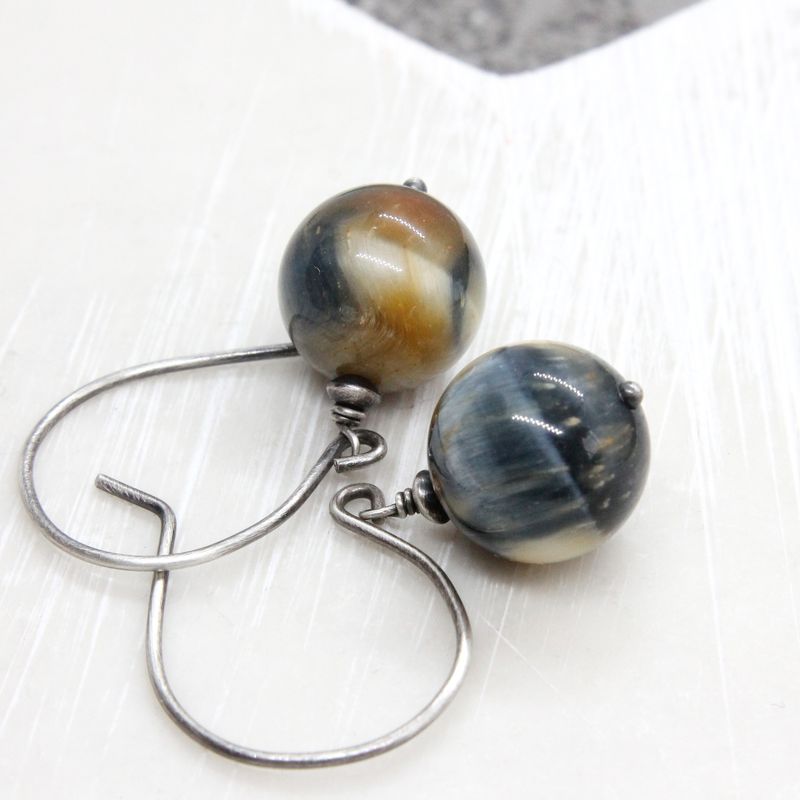Tiger Eye Earrings Oxidized Silver Gemstone Jewelry Hawks Eye Earrings Gem Stone Jewelry