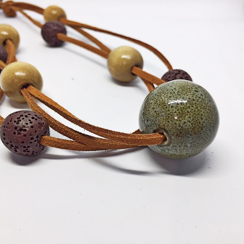 Beaded Choker Necklace, Lava Bead Necklace, Wood Bead Necklace