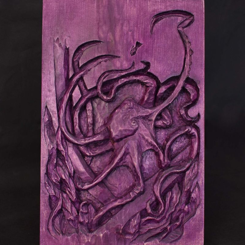 Octopus wood relief, handmade carving, basswood sculpture, purple