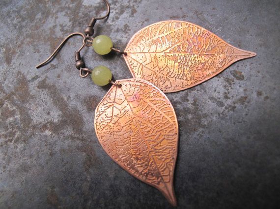 Copper engraved leaf earrings with lemon quartz
