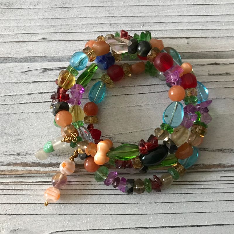 Colorful wrap bracelets, glass beads and gemstones