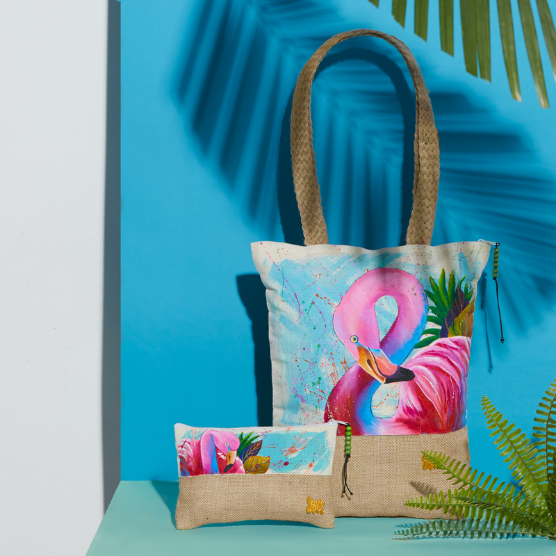 Flamingo Hand Painted Tote Bag and Pouch