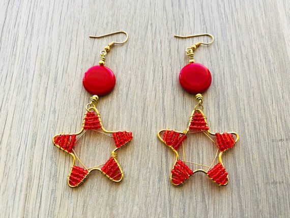 Rose red earrings red star drops summer earring