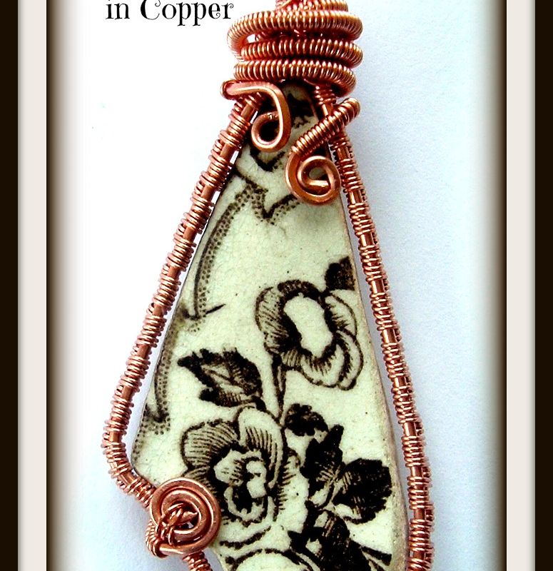 Brown Floral Beach Pottery-wire wrap weave pendant