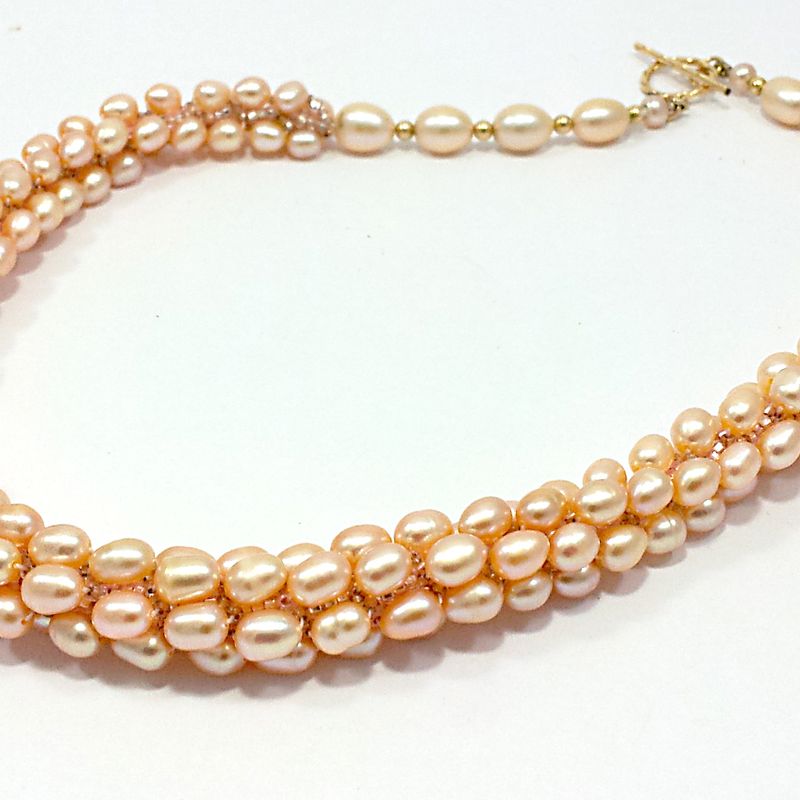 Peach Rose Fresh Water Pearls & Czech Seed Beads Unique Crochet Necklace & Earrings SET on Gold Filled 14k