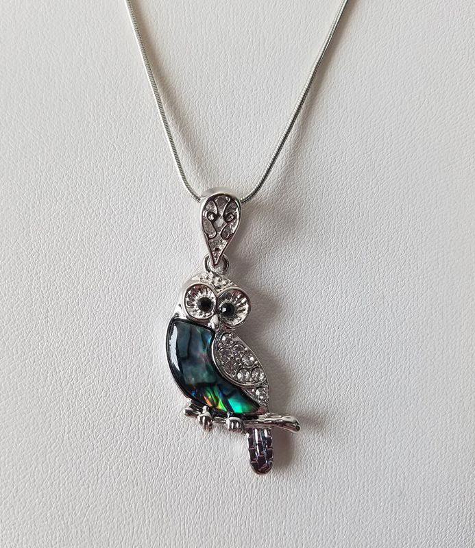 Silver Owl Necklace/Steampunk Silver Owl Necklace/Owl Necklace/Druid Necklace/Nature Owl Necklace/Boho Owl Necklace/ Abalone Shell Owl