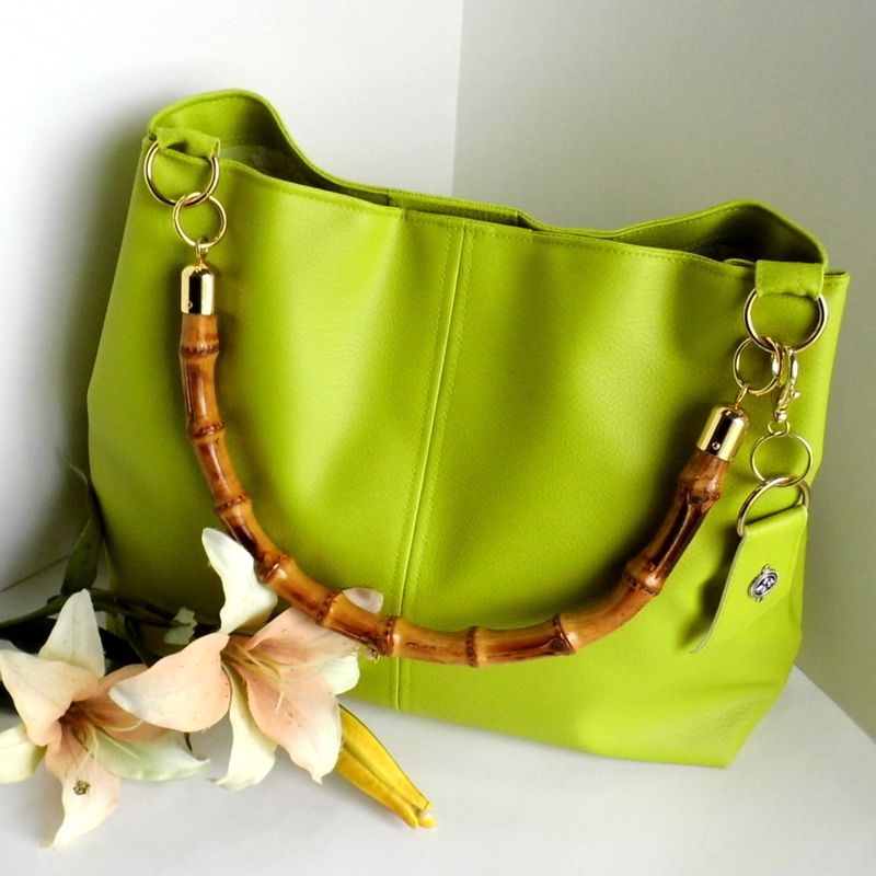 SOLD - Green hobo bag, Lime green handbag, Bamboo handle bag, Womens large purse, Vegan leather tote, Summer tote bag, Gift for her