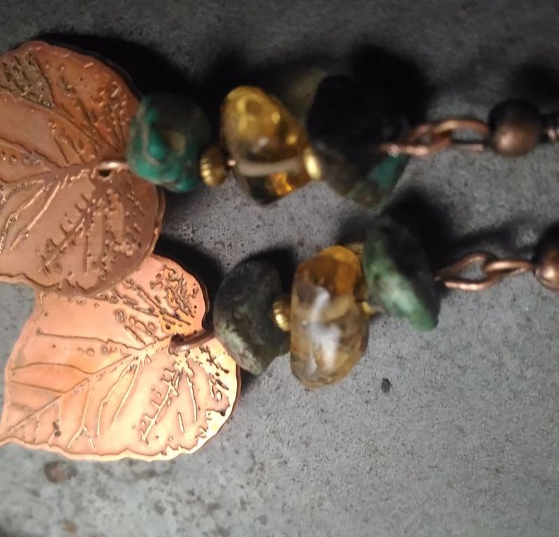 Copper engraved leaf earrings with citrine and green turquise
