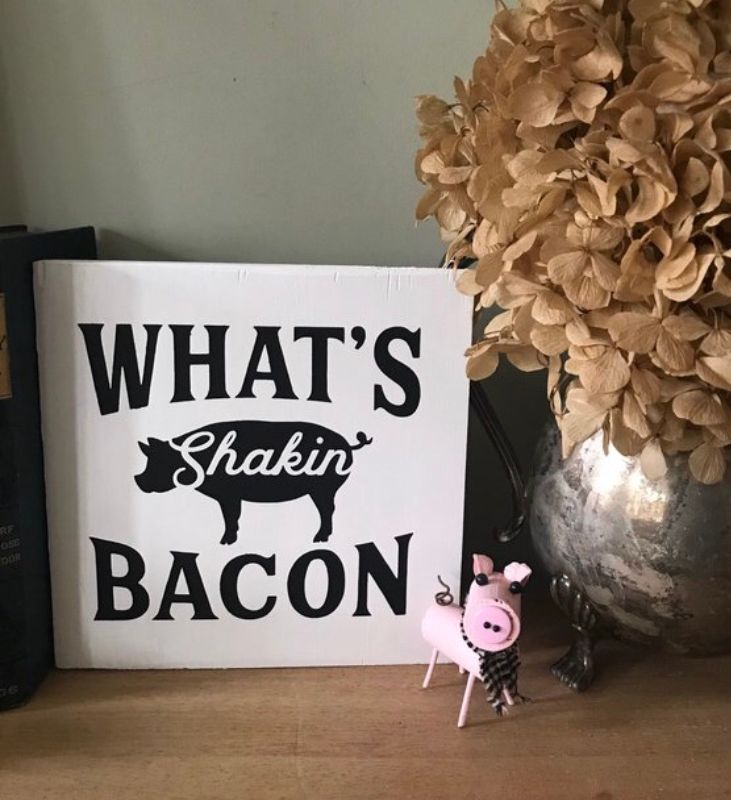 What's Shaking Bacon Sign | Wooden Sign | Farmhouse Sign | Rustic wooden sign |Funny Kitchen Pun Sign | Pig Decor