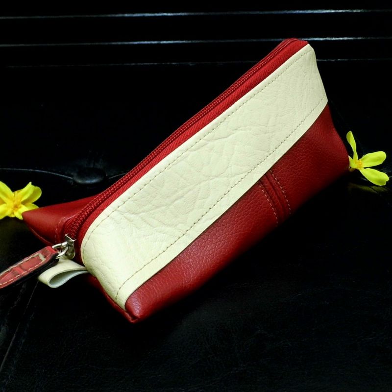 Vegan Leather Cosmetic Bag, Red Triangle Pouch, Small Pyramid Pencil Case, Soft Sunglasses Case, Cream Makeup Bag, Upcycled Pouch