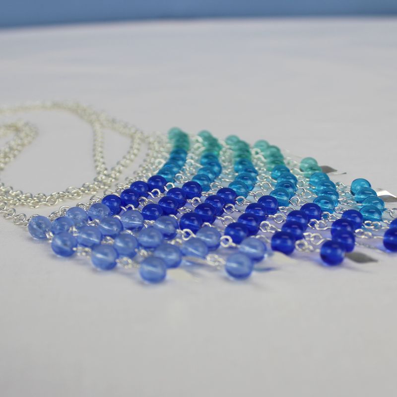 Czech glass bead long fringe necklace with silver plated chain and findings, blues and greens
