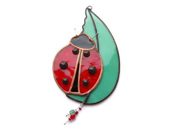 Ladybird Suncatcher, Ladybug Insect Nibbling Leaf,  Bug and Leaf Art, Window Decoration, Home Decor Ornament
