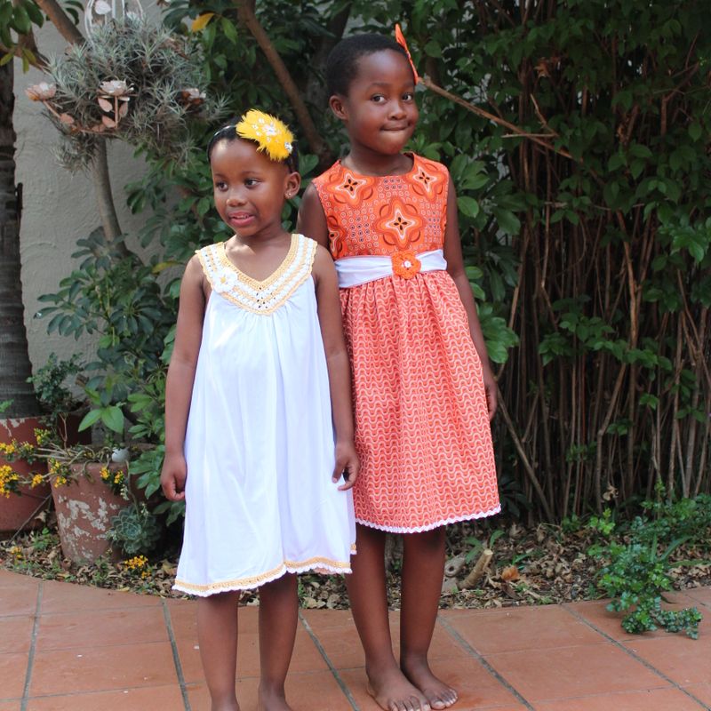 Orange and white African print cotton dress for girls