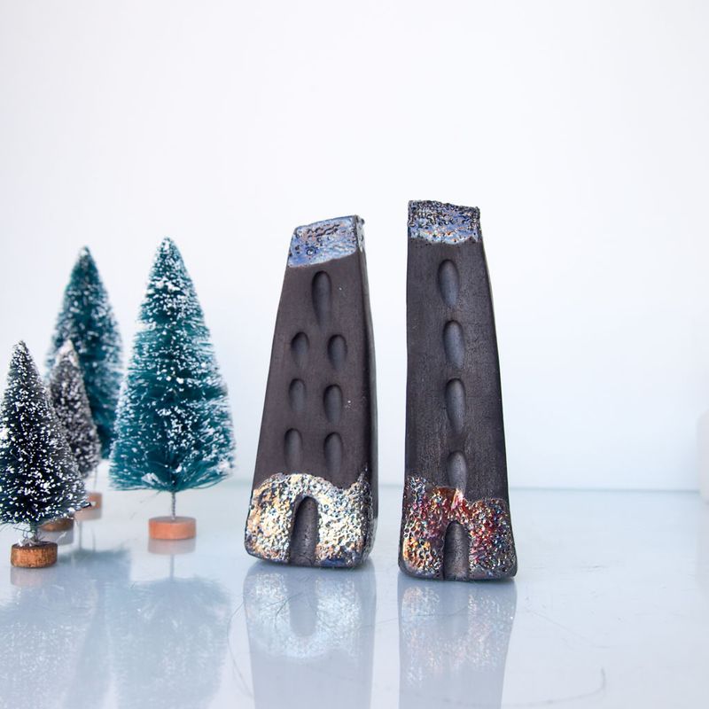 City buildings raku pottery, Art Black Raku fired Ceramic houses Handmade Unique Ceramics Architectural Home decor, black and copper