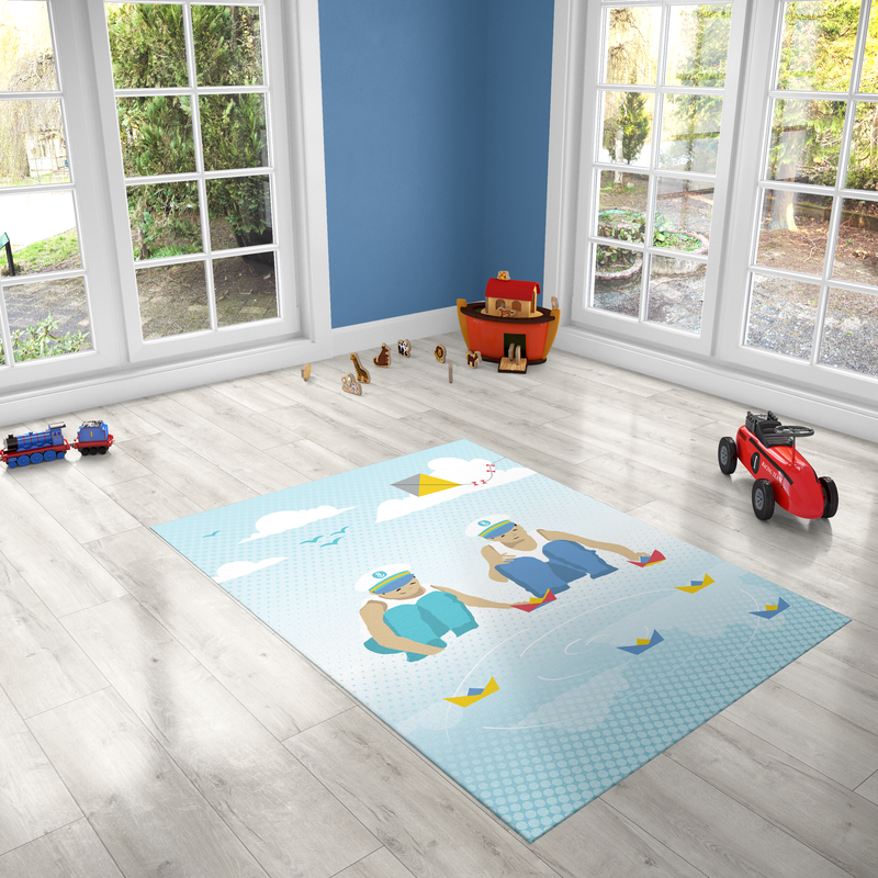 Boys with boats, PVC Carpet print, kids Room Decor ,Boys Carpets, Boys Nursery Art, Gift for Boys, kids linoleum rug, twin boys illustration