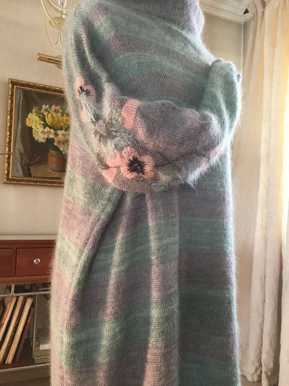 Oversized striped sweater in pastel mint and rose with handmade floral embroidery