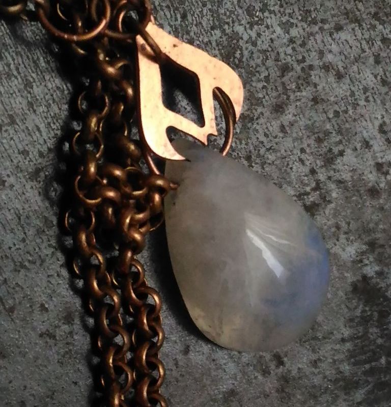 Elegant moonstone pendant with copper head,pear shaped moonstone copper necklace,metal jewelry