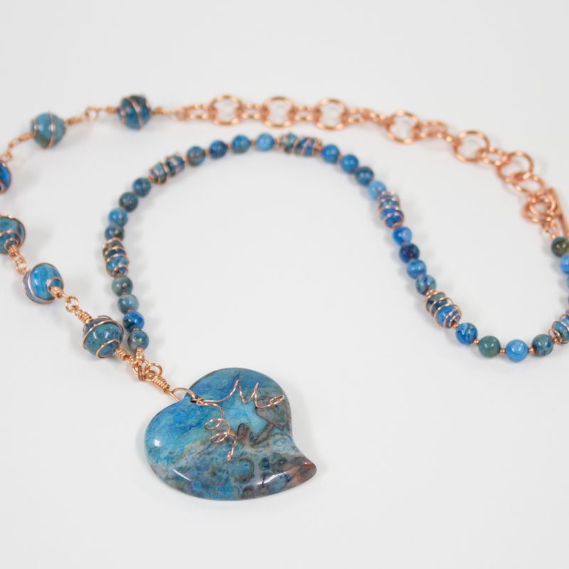 Blue agate stone wire wrapped necklace with heart pendant and copper wire