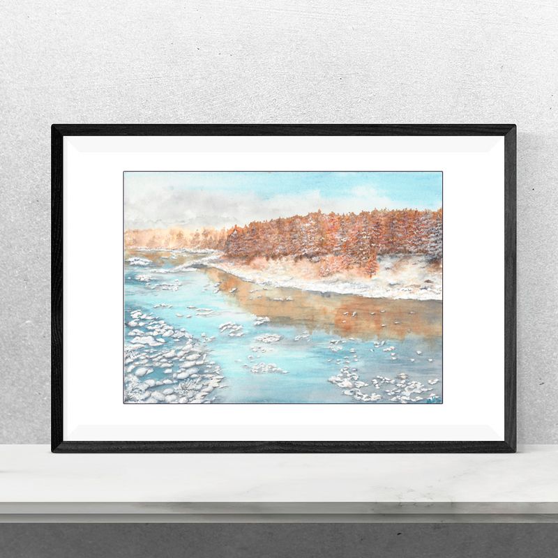 Winter landscape painting, snow river art, winter wall art
