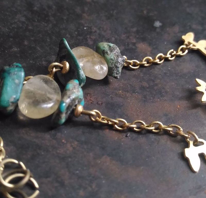 Brass flower on a half circle pendant,gemstone necklace,citrine,turquise gemstones on the chains,boho necklace,metal jewelry