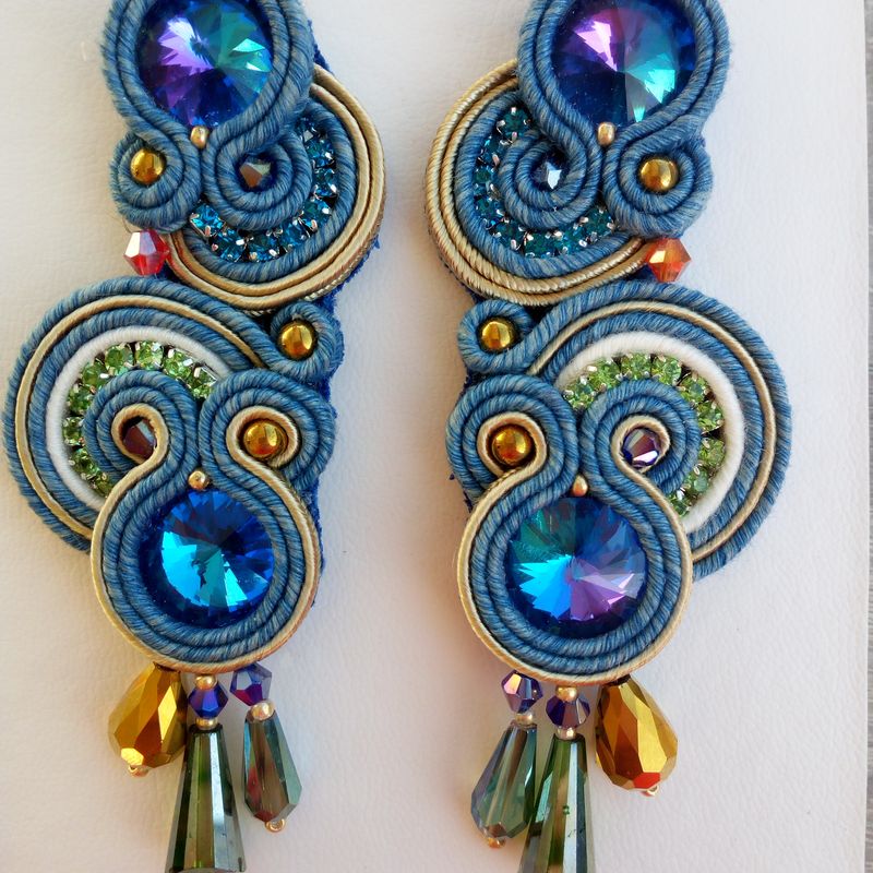 Blue and green round dangle earrings, Handmade earrings with crystal beads and rhinestones