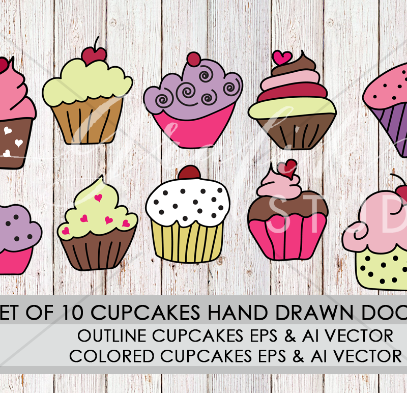 Set Of 10 Hand Drawn Cupcakes Doodle Vector