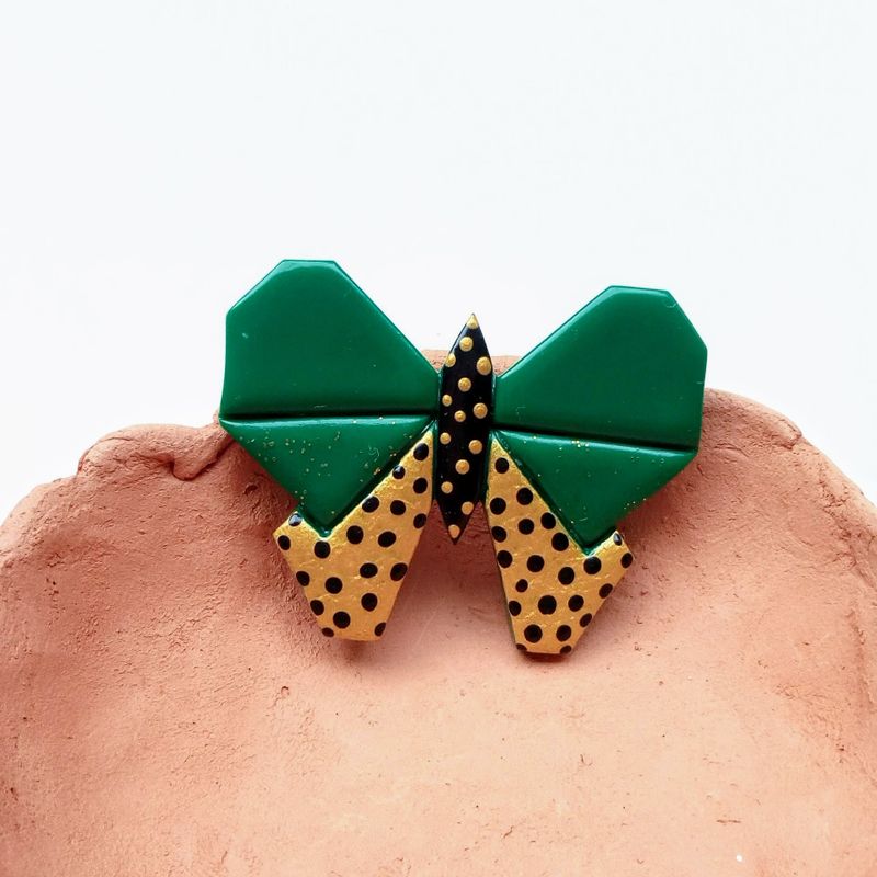 Green butterfly brooch; polymer clay brooch; romantic brooch; green and gold; geometric brooch; butterfly pin; funky brooch; minimalist pin