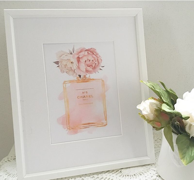 Chanel print, pink peonies, chanel wall decor, chanel bedroom art, pink chanel print