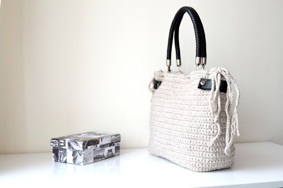 Cream / Beige Crocheted Handbag Celebrity Style,Crochet winter bag- shoulder bag- crochet bag-