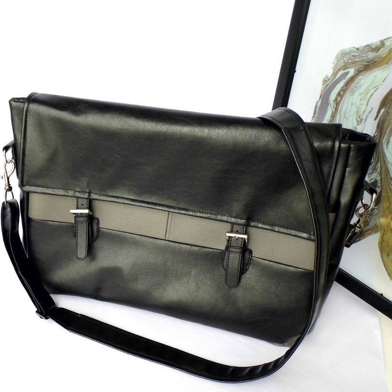 Black and grey faux leather vegan unisex laptop computer work office satchel messenger bag