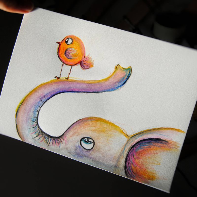 Original Baby Elephant watercolor illustration. Little bird drawing. Nursery decor. Wall art painting. Animal Art Home Decor