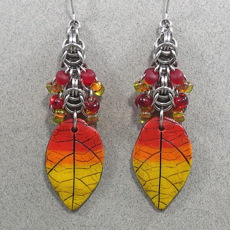 Fall Leaves Earrings with  Artisan Made Polymer clay components & Chainmail