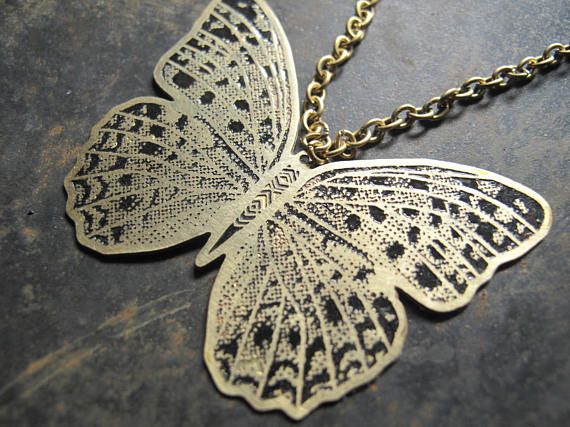 Brass butterfly pendant with black engraved patterns,one of a kind design based on a real macro photo