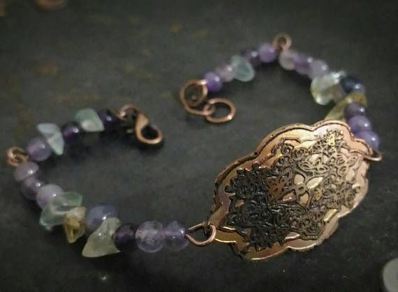 Copper vintage engraved bracelet,gemstone bracelet,antiquated cameo bracelet with amethyst,pink quartz,citrine gemstones