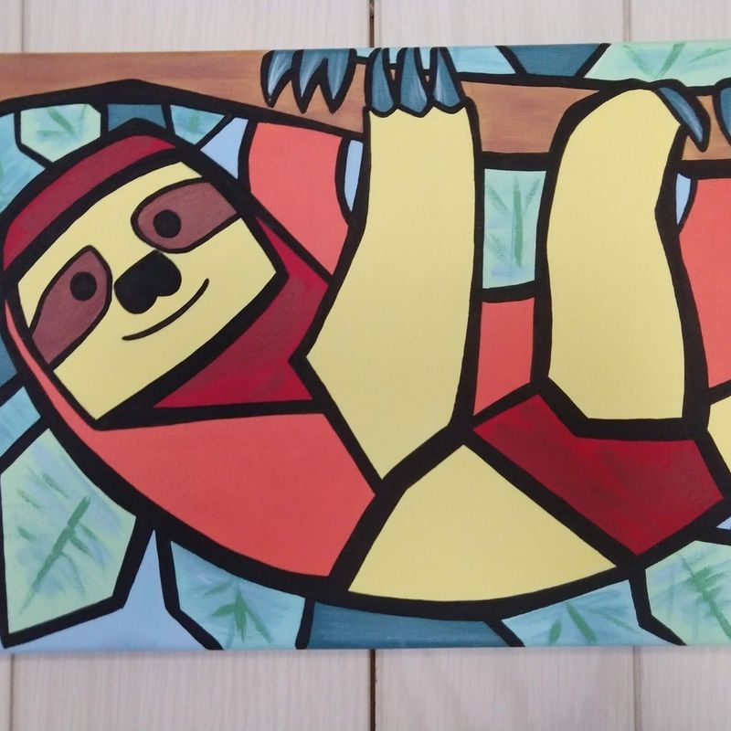 Cubism Sloth Painting, 9x12 Inch Canvas Art, "Picasso's Pets" Series, Sloth Art Deco, Cute Sloth Wall Decor, Geometric Animal Art