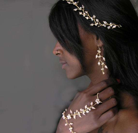 Bridal jewelry set, Pearl jewelry set for bride. Bohemian wedding jewelry set.