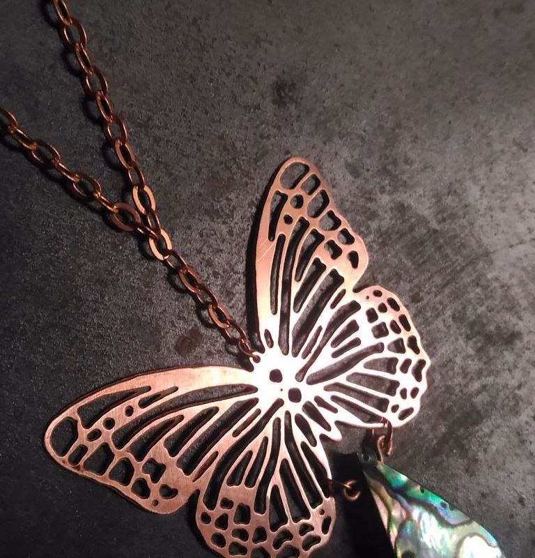 Copper butterfly necklace with abalone gemstone,lace buttefly pendant,real butterfly design