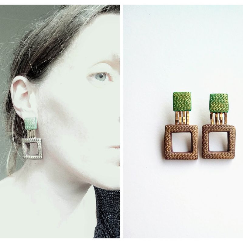 Polymer clay earrings; square earrings; polymer clay jewelry; statement earrings; stud earrings; brown & green earrings; geometric earrings;