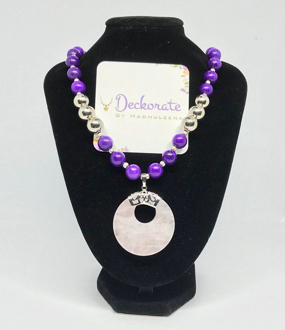 Purple Agate Necklace rose quartz pendant raw gemstone chunky necklace